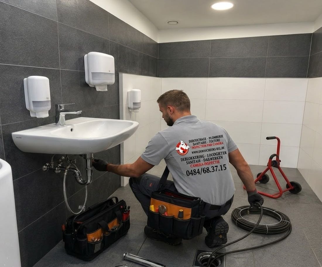 Technicien du Ghost du Débouchage intervenant sous un lavabo, siphon démonté, dans un sanitaire professionnel